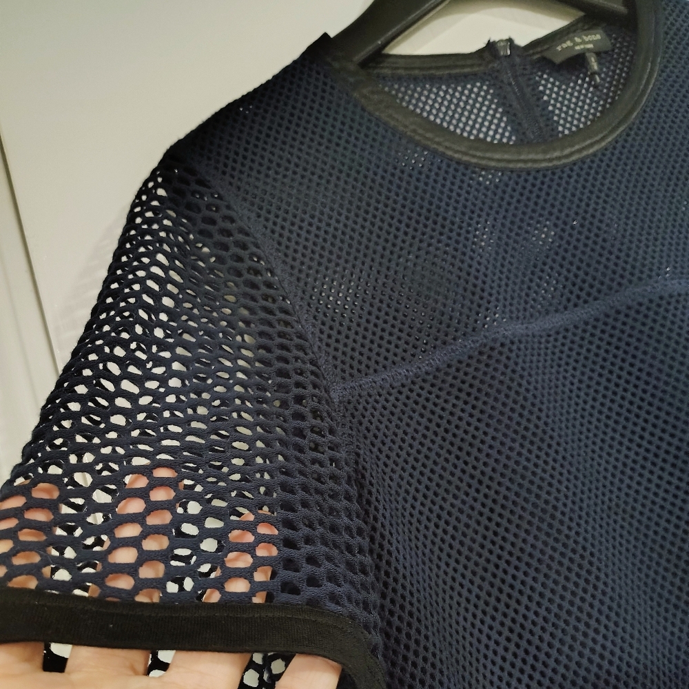 Rag and Bone MSRP $495 Luna Navy Blue Mesh Fishnet Dress Women's Medium Silk - Picture 6 of 12